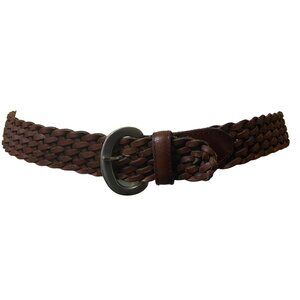 Vtg Brown Braided Leather Belt Brass Buckle Men Adjustable 35" Length 1.25" Wide